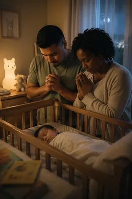Parents Praying Beside Baby Crib at Night
