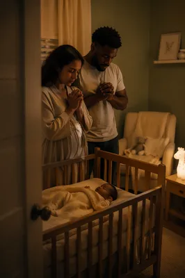 Parents Praying Beside Baby Crib at Night