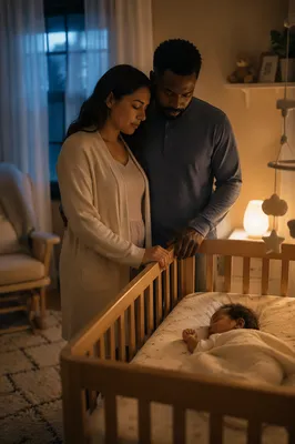 Parents Praying Beside Baby Crib at Night