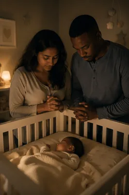 Parents Praying Beside Baby Crib