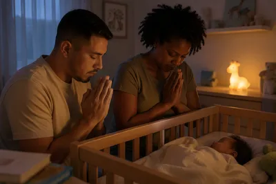 Parents Praying Beside Baby Crib at Night
