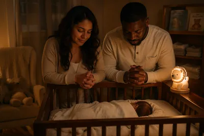 Parents Praying Beside Baby Crib at Night