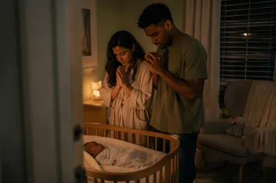Parents Praying Beside Baby Crib at Night