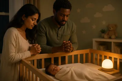 Parents Praying Beside Baby Crib at Night