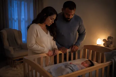 Parents Praying Beside Baby Crib at Night