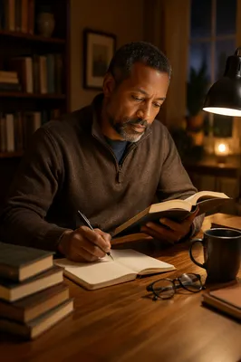 Man Reading at Desk in Study