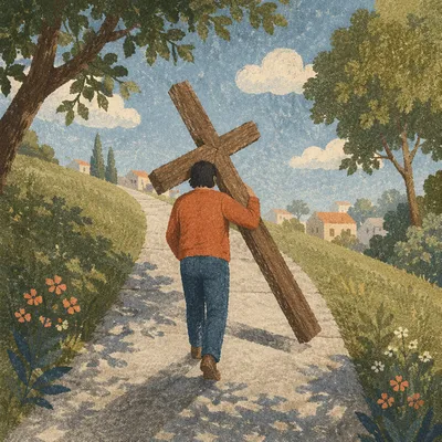 Determined Believer Carrying Cross Uphill
