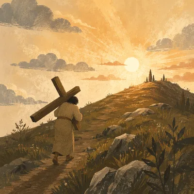 Pilgrim Carrying Wooden Cross Uphill