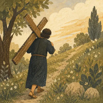 Solitary Cross Bearer on Grassy Hillside