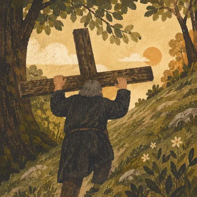 Solitary Believer Carrying Cross Uphill