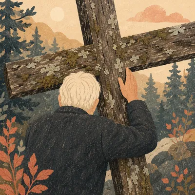 Elder Carrying Weathered Cross Up Forest Hill