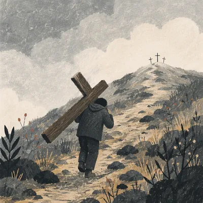 Cross Bearer Climbing Misty Hillside
