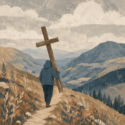 Solitary Cross Bearer on Windswept Hillside
