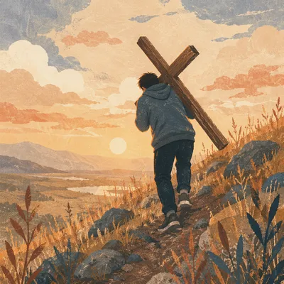 Carrying the Cross Up a Golden Hillside