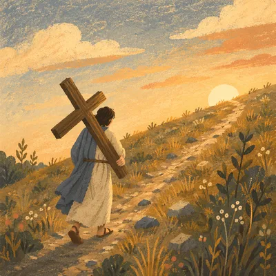 Person Carrying Cross Up Hillside