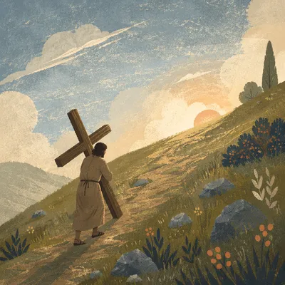 Person Carrying Cross at Dawn Hillside