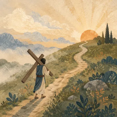 Person Carrying Cross at Sunrise Hillside