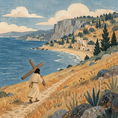 Solitary Cross Bearer on Coastal Hillside