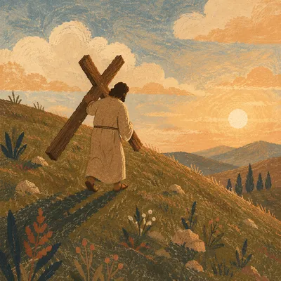 Solitary Figure Carrying Cross Uphill at Sunset