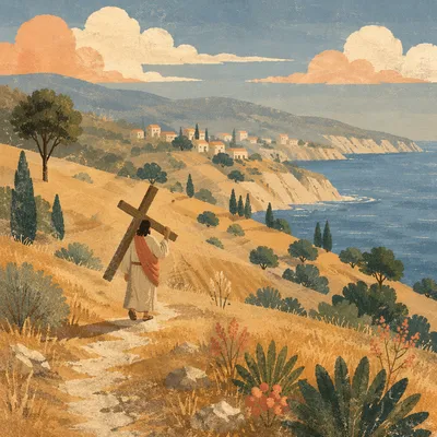 Solitary Cross Bearer on Coastal Hillside
