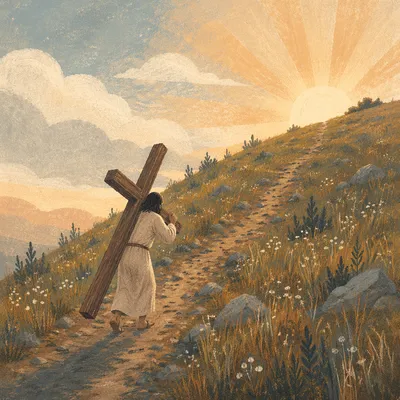 Lone Cross Bearer Climbing Misty Hillside