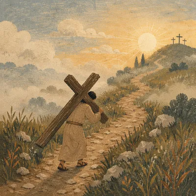 Person Carrying Cross Up Dawn Hillside