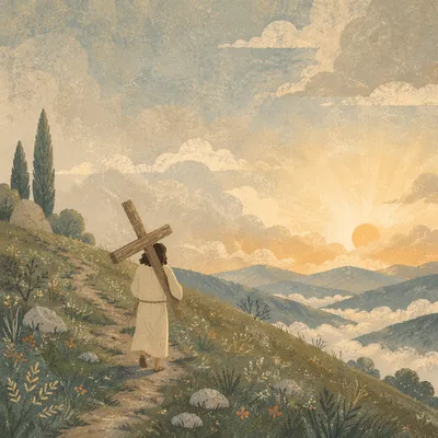 Person Carrying Cross Up Rainy Hillside