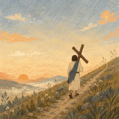 Solitary Cross Bearer on Sunrise Hillside