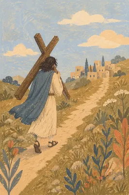 Solitary Figure Carrying Cross Uphill