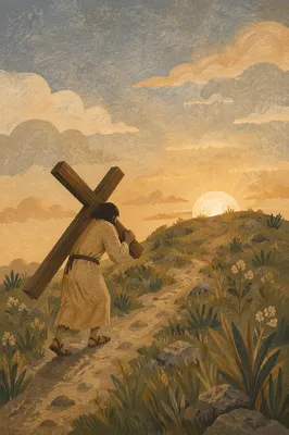 Lone Figure Carrying Cross Uphill