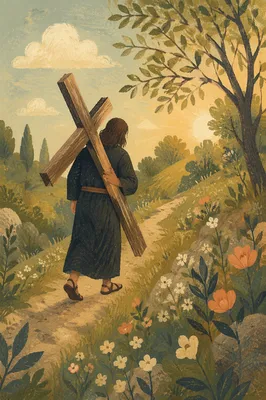 Solitary Cross Bearer on Green Hillside