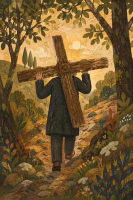 Solitary Pilgrim Carrying Cross Up Hillside