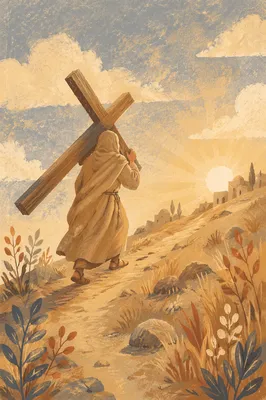 Person Carrying Cross Up Golden Hillside
