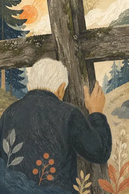 Elder Carrying Wooden Cross Uphill