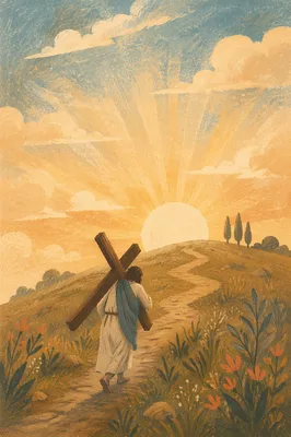 Person Carrying Cross Toward Sunrise