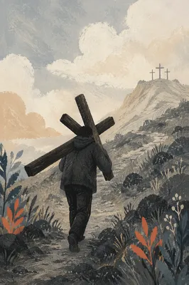 Person Carrying Cross Toward Misty Ridge