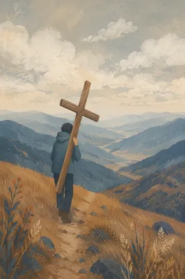 Solitary Pilgrim Carrying Cross Uphill