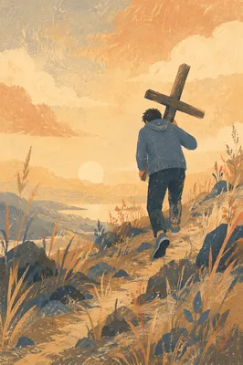 Person Carrying Cross Up Golden Hillside