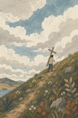 Solitary Person Carrying Cross Up Hillside