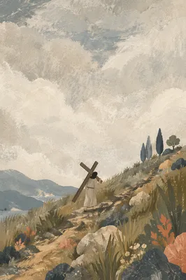 Lone Pilgrim Carrying Cross Uphill