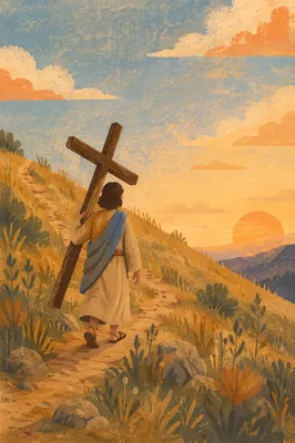 Person Carrying Cross on Sunset Hillside