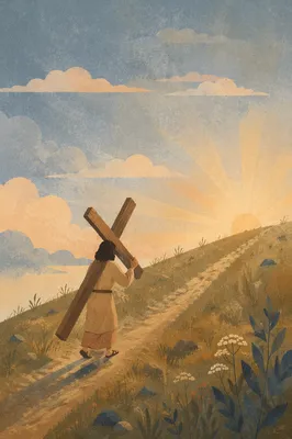 Person Carrying Cross at Dawn Hillside