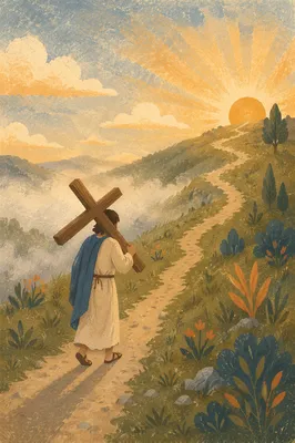 Solitary Figure Carrying Cross at Sunrise