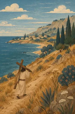 Solitary Cross Bearer on Coastal Hillside
