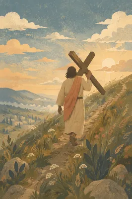 Pilgrim Carrying Cross Up Misty Hillside