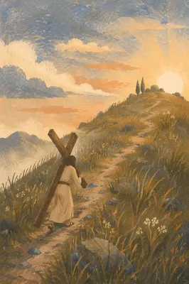 Lone Pilgrim Carrying Cross at Dawn