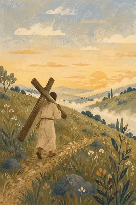Solitary Pilgrim Carrying Cross at Dawn