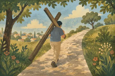 Carrying the Cross Up a Green Hillside