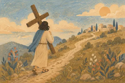 Solitary Figure Carrying Cross Uphill