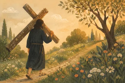 Person Carrying Cross Up Grassy Hillside